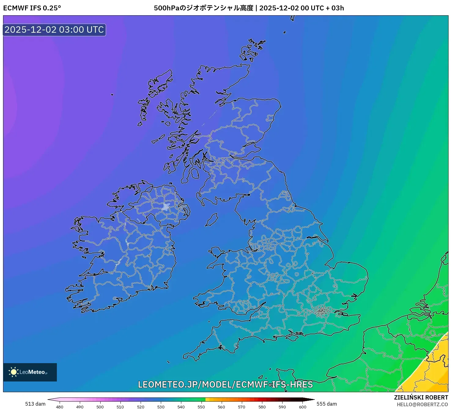 ECMWF IFS 0.25° model - イギリス, 500hPaのジオポテンシャル高度