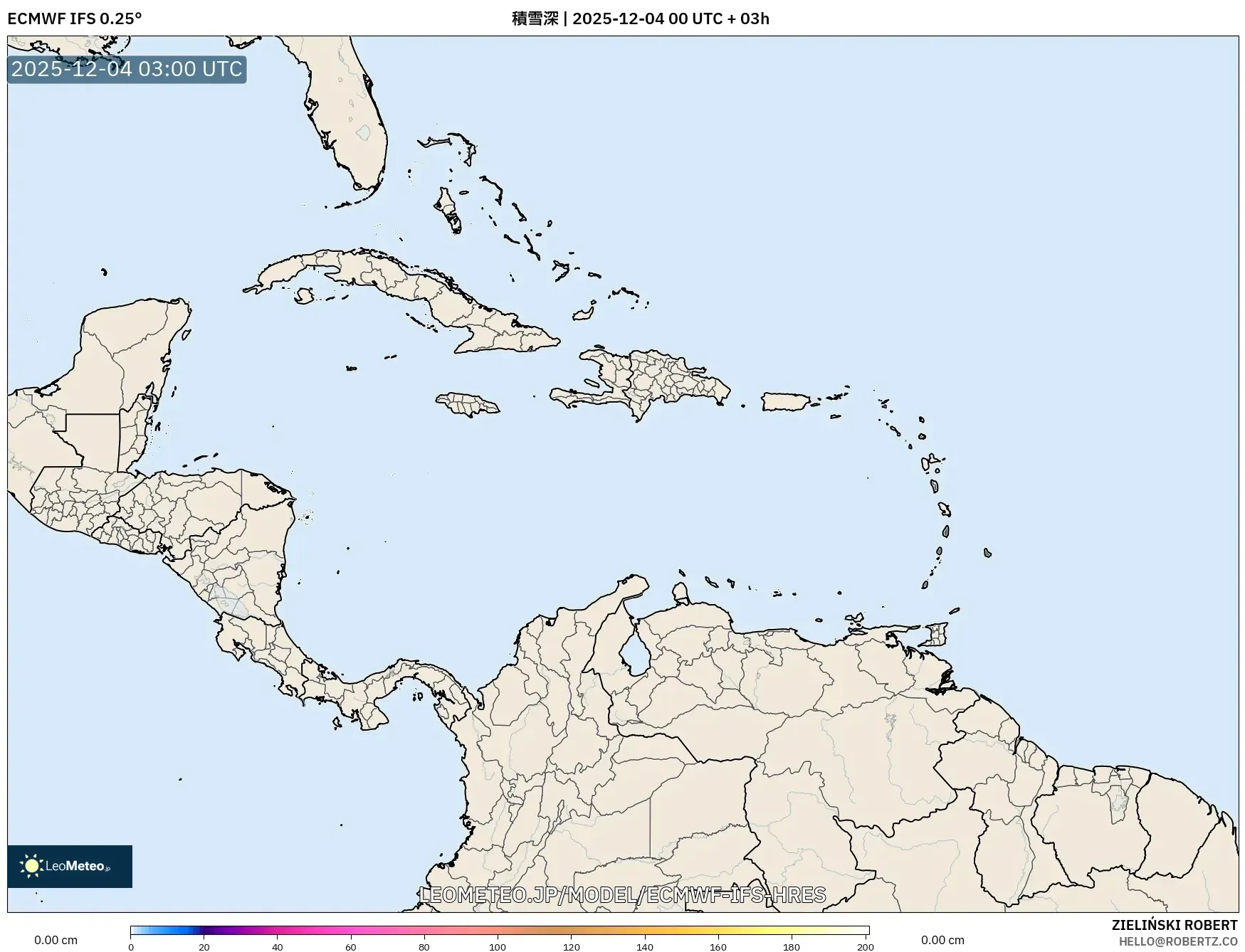 ECMWF IFS 0.25° model - カリブ海, 積雪深