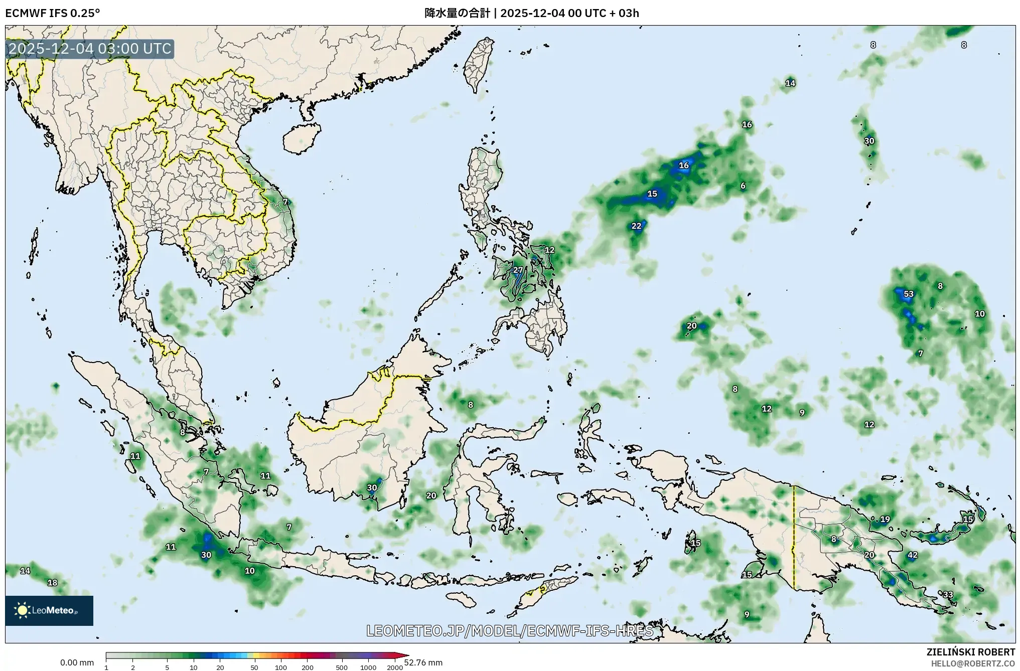 ECMWF IFS 0.25° model - 東南アジア, 降水量の合計