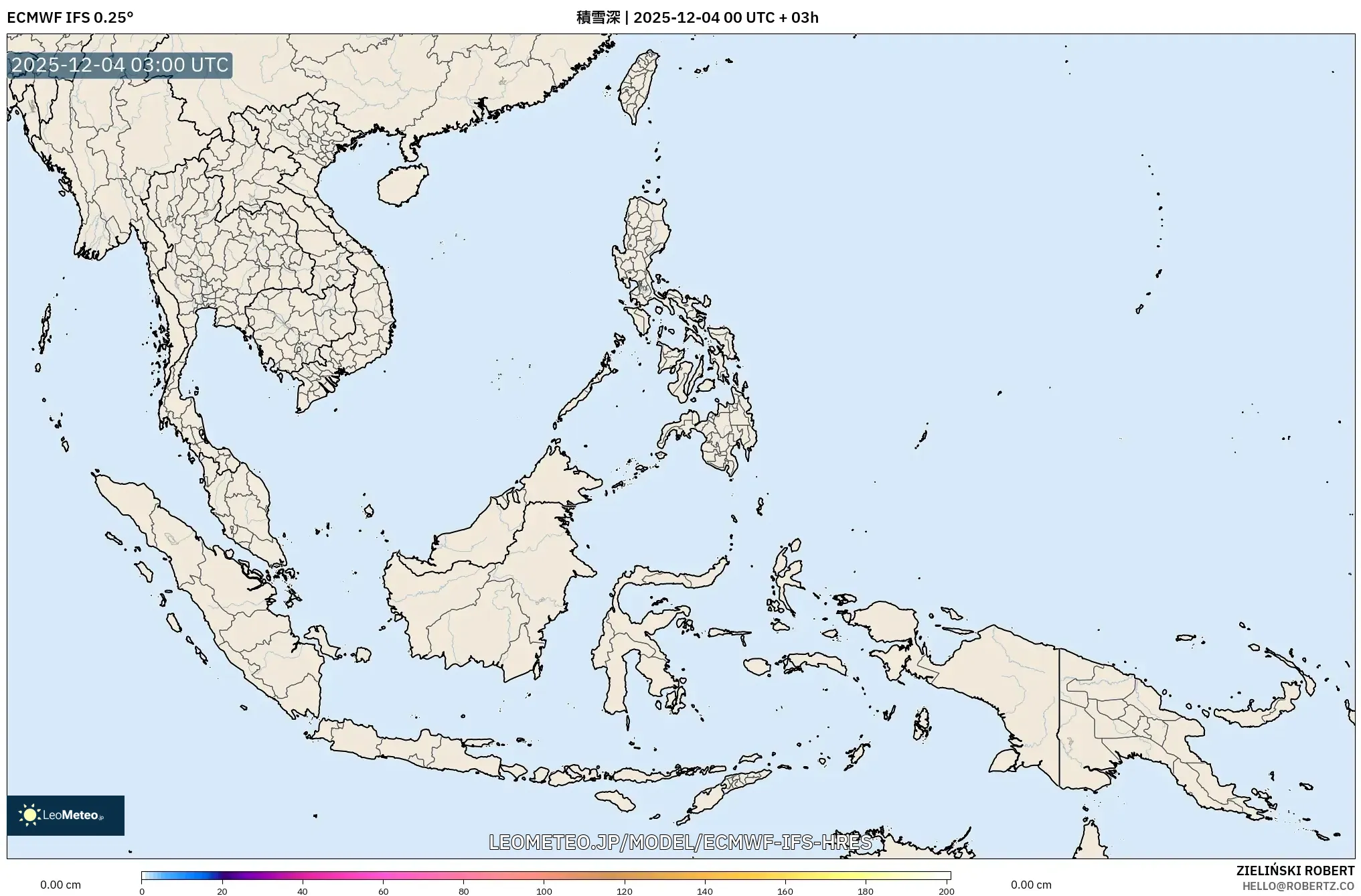 ECMWF IFS 0.25° model - 東南アジア, 積雪深