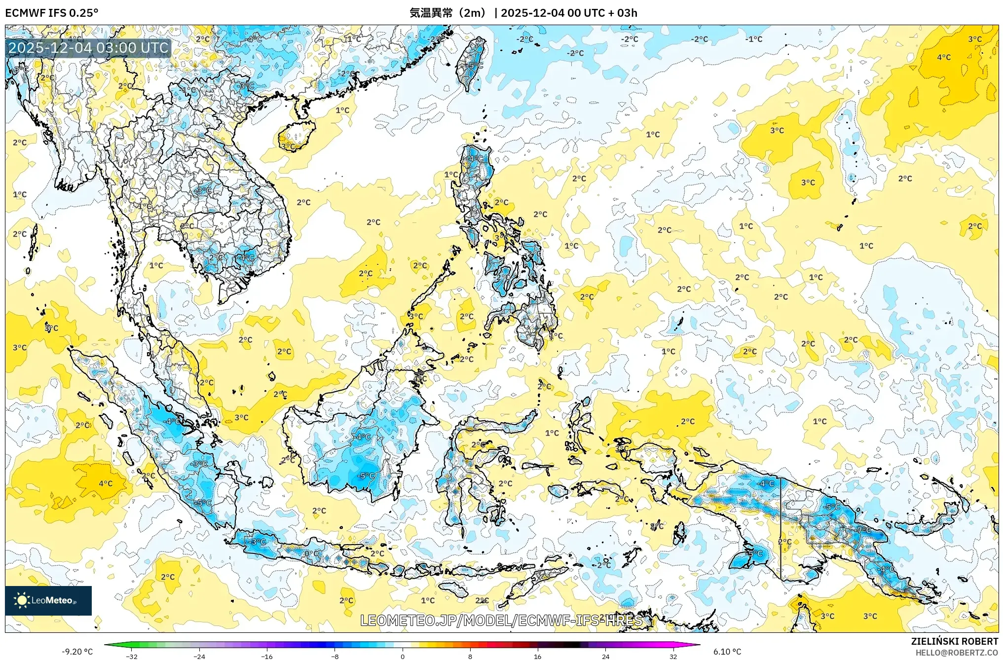 ECMWF IFS 0.25° model - 東南アジア, 気温異常（2m）