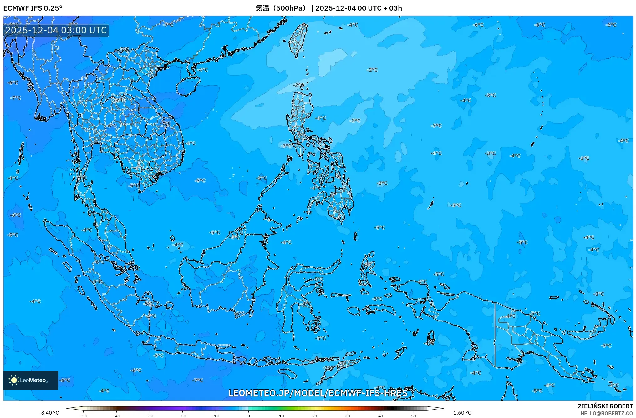 ECMWF IFS 0.25° model - 東南アジア, 気温（500hPa）