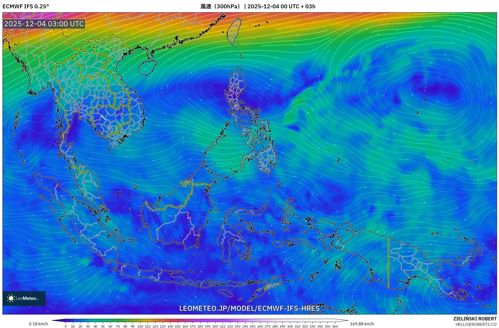 ECMWF IFS 0.25° model - 東南アジア, 風速（300hPa）