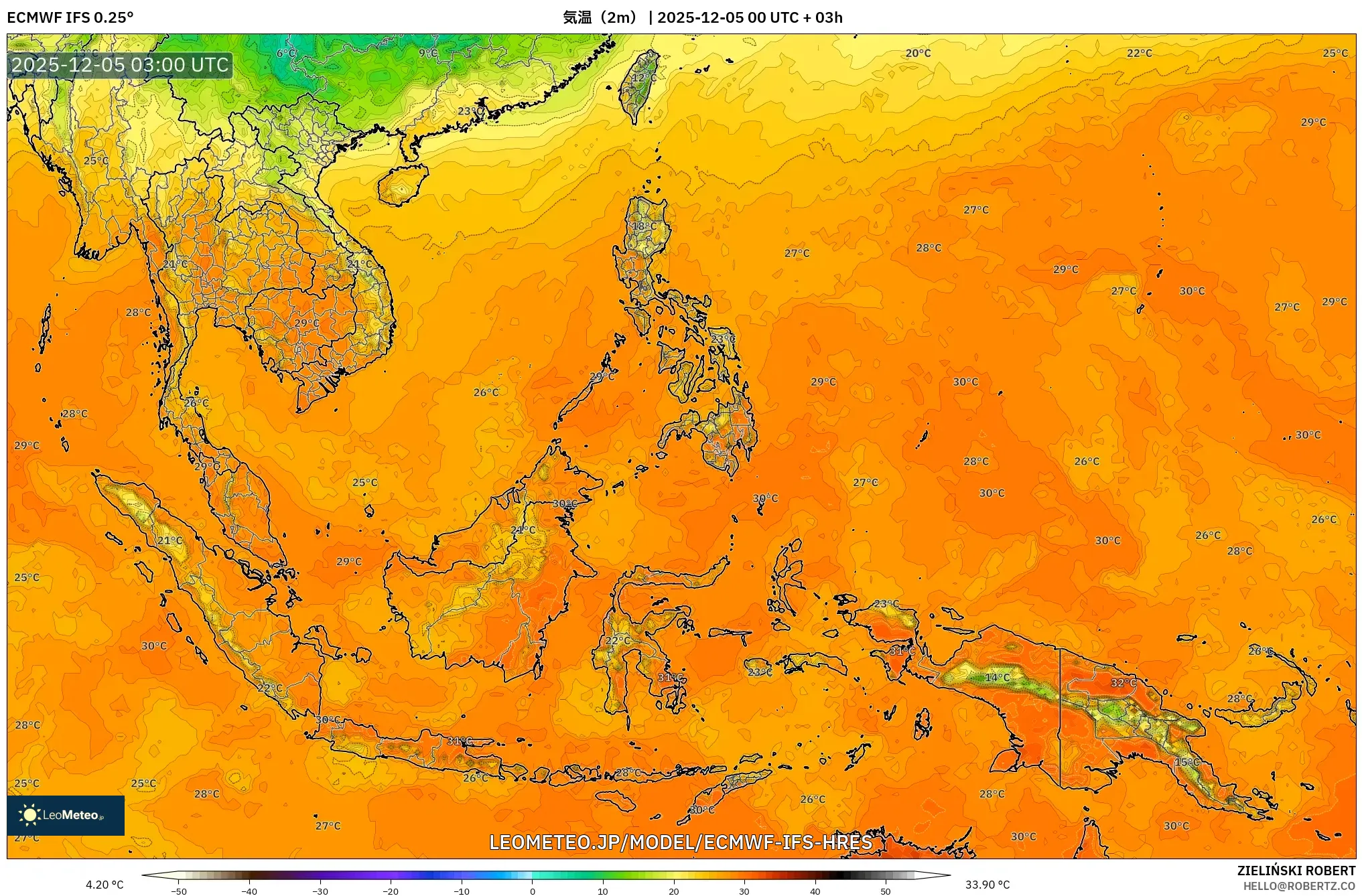 ECMWF IFS 0.25° model - 東南アジア, 気温（2m）