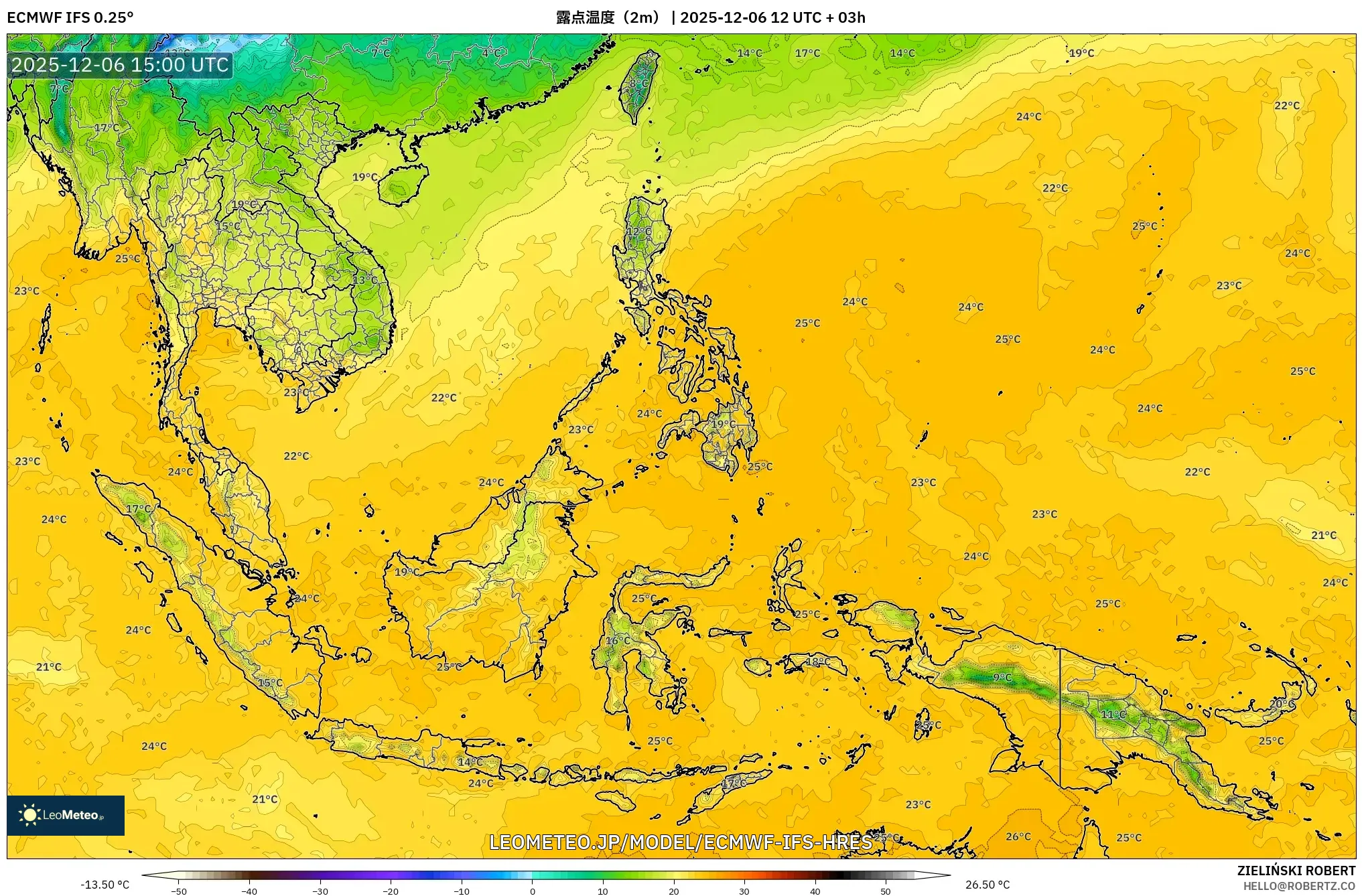 ECMWF IFS 0.25° model - 東南アジア, 露点温度（2m）