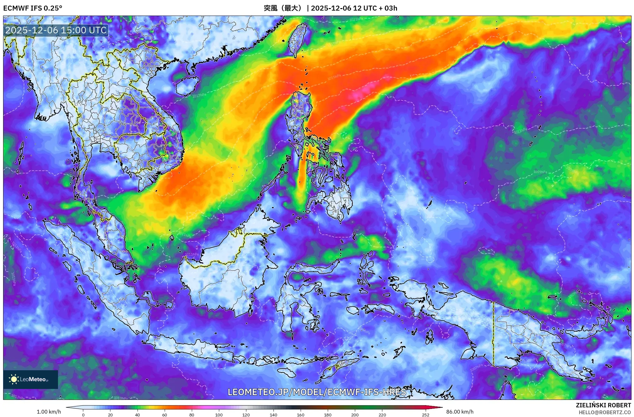 ECMWF IFS 0.25° model - 東南アジア, 突風（最大）