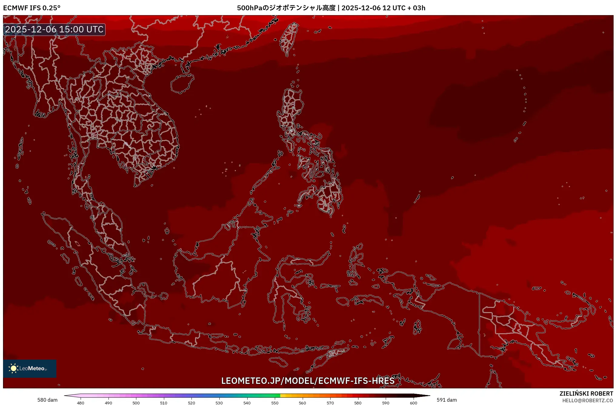ECMWF IFS 0.25° model - 東南アジア, 500hPaのジオポテンシャル高度
