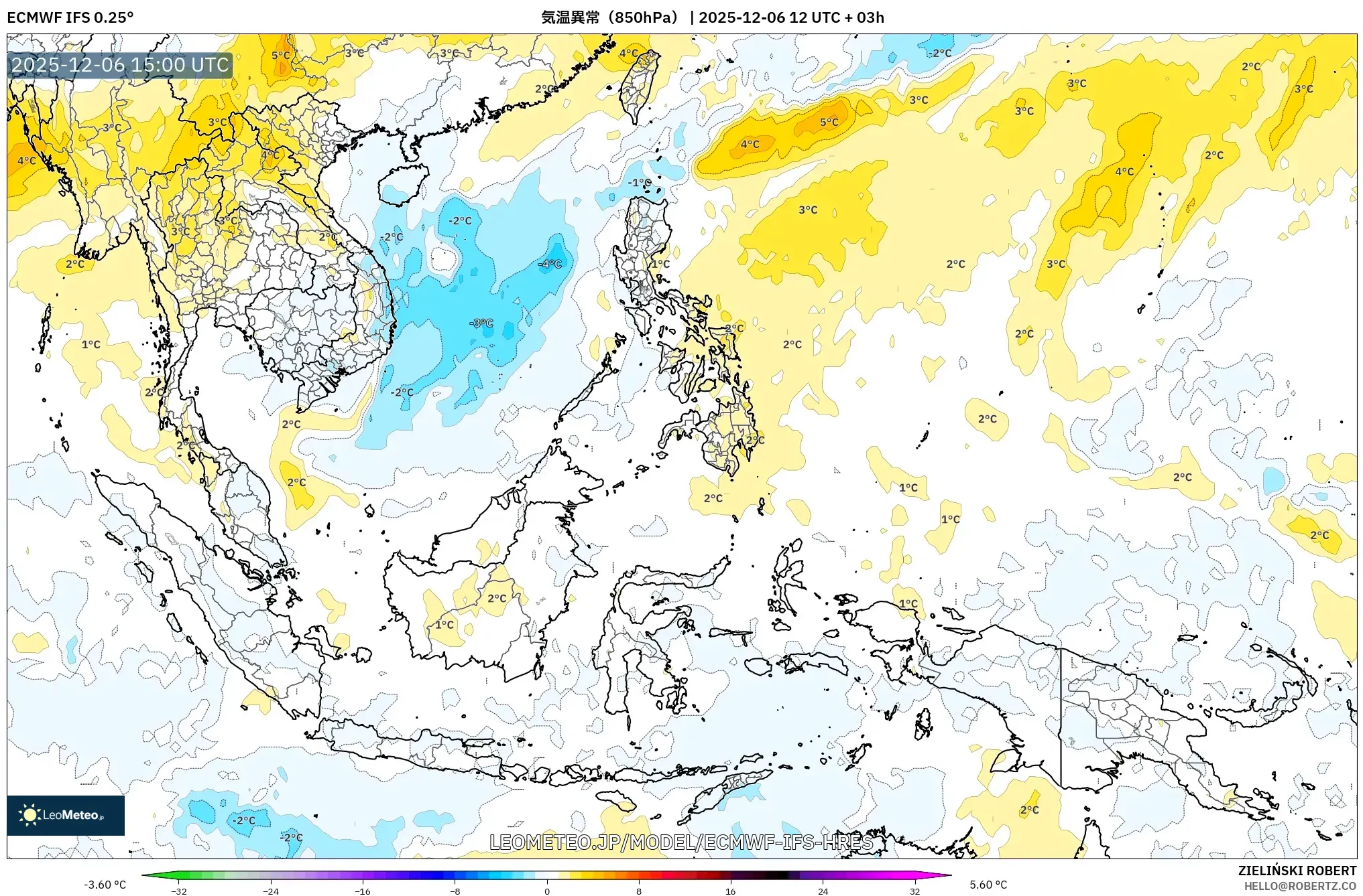 ECMWF IFS 0.25° model - 東南アジア, 気温異常（850hPa）
