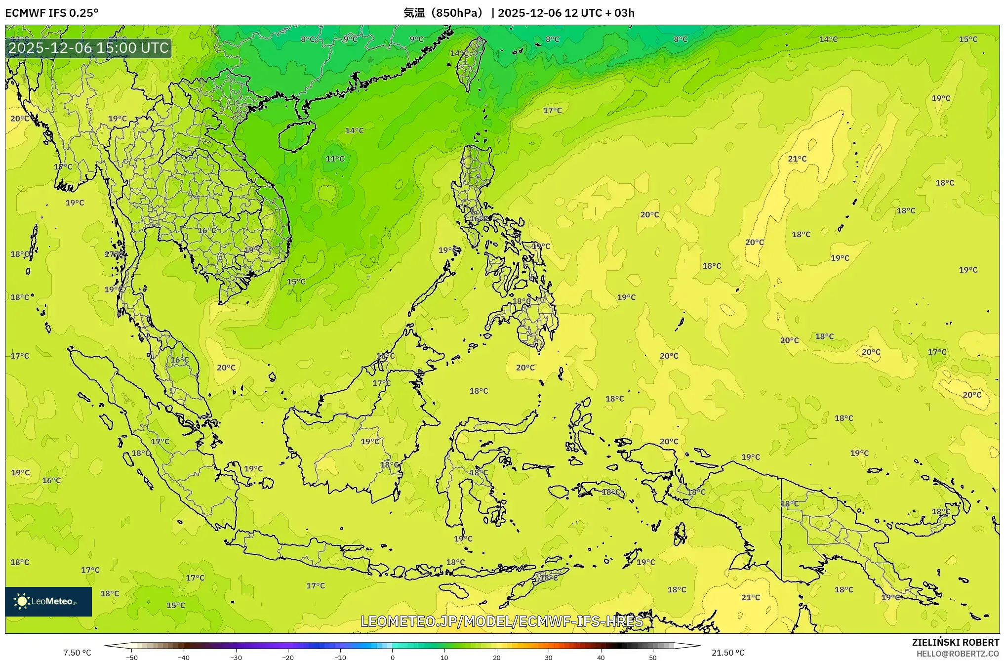 ECMWF IFS 0.25° model - 東南アジア, 気温（850hPa）