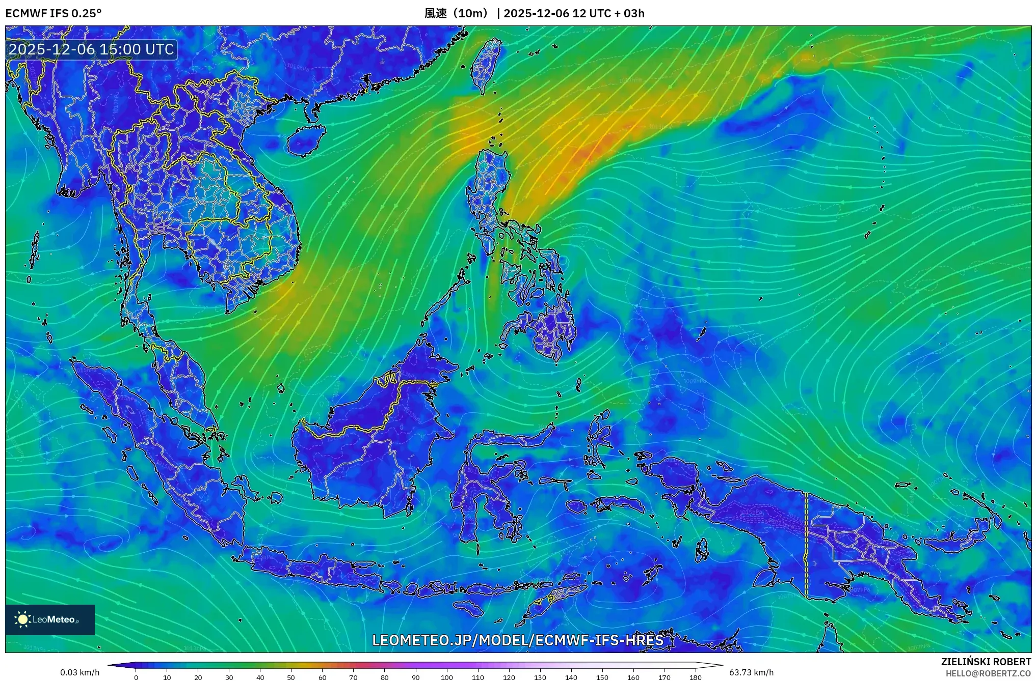 ECMWF IFS 0.25° model - 東南アジア, 風速（10m）