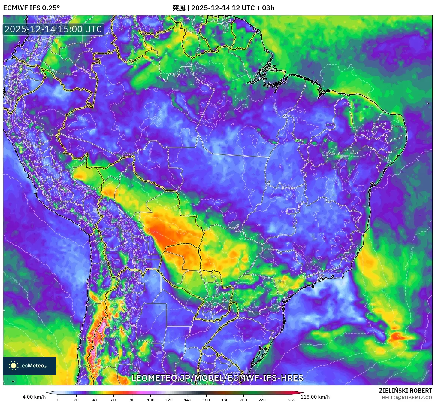 ECMWF IFS 0.25° model - ブラジル, 突風