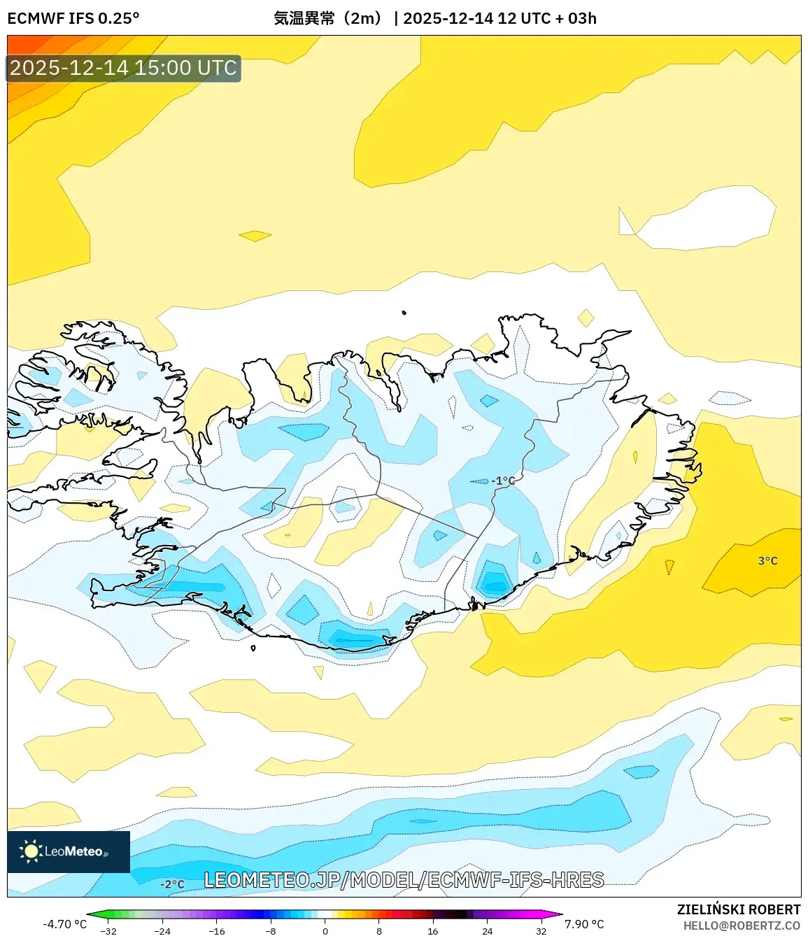 ECMWF IFS 0.25° model - アイスランド, 気温異常（2m）