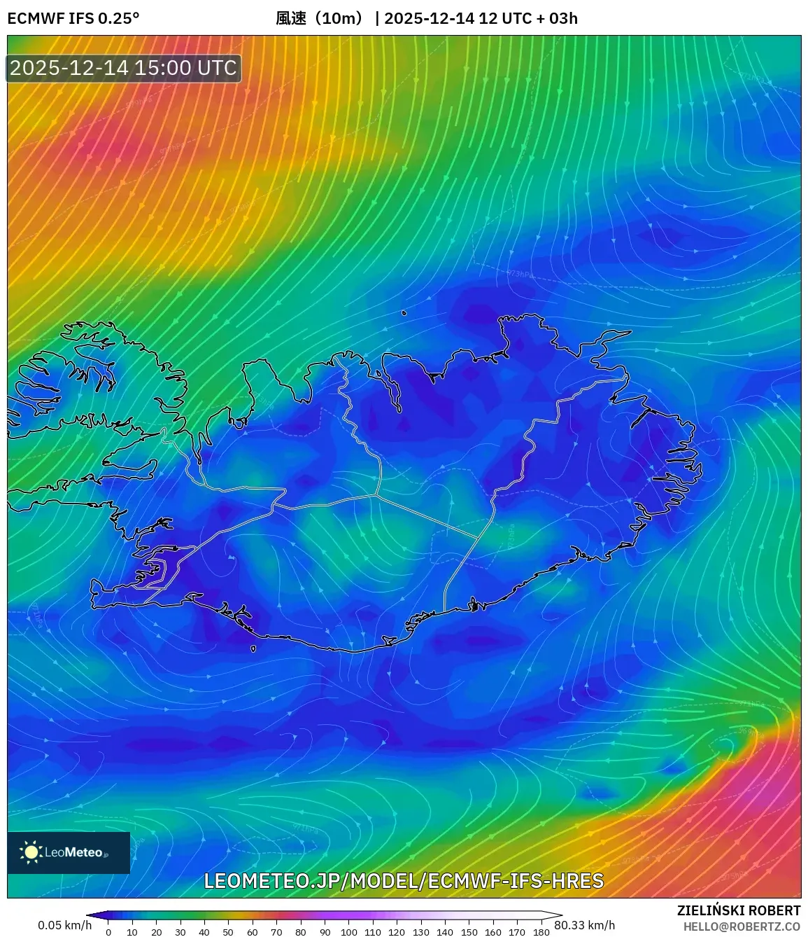 ECMWF IFS 0.25° model - アイスランド, 風速（10m）