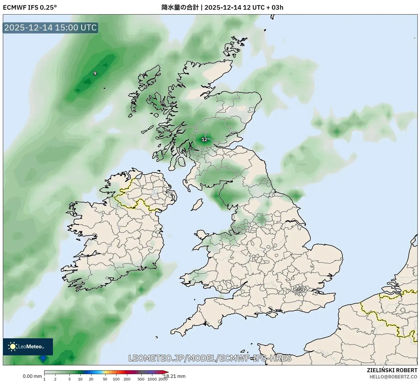 ECMWF IFS 0.25° model - イギリス, 降水量の合計