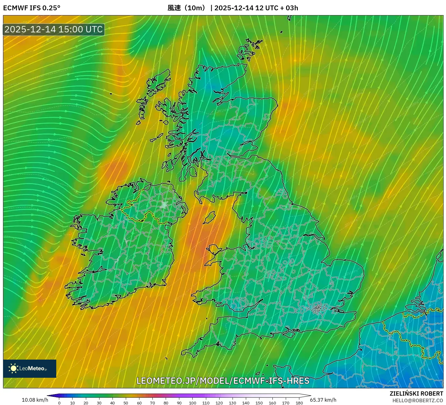ECMWF IFS 0.25° model - イギリス, 風速（10m）