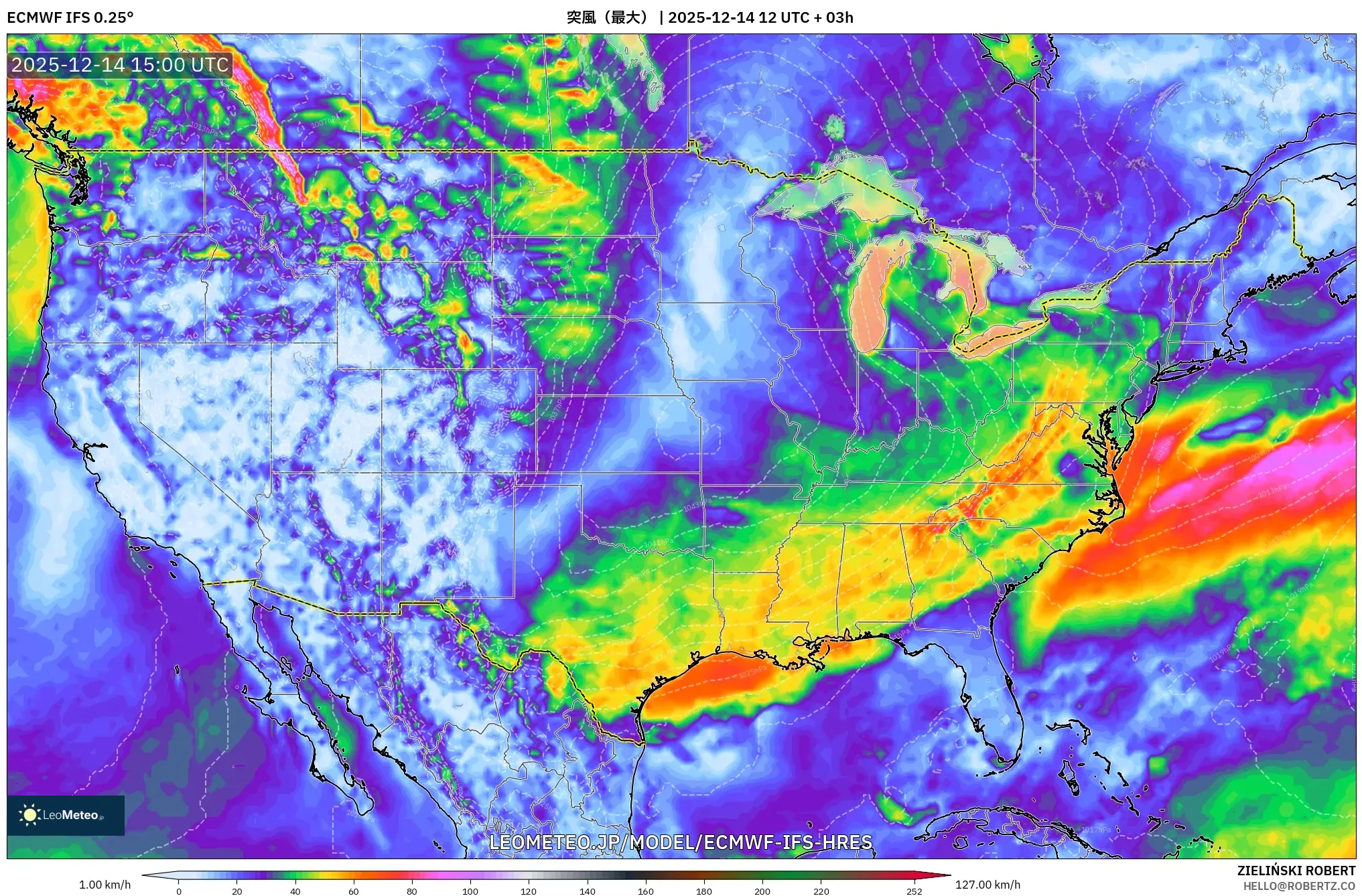 ECMWF IFS 0.25° model - アメリカ合衆国, 突風（最大）