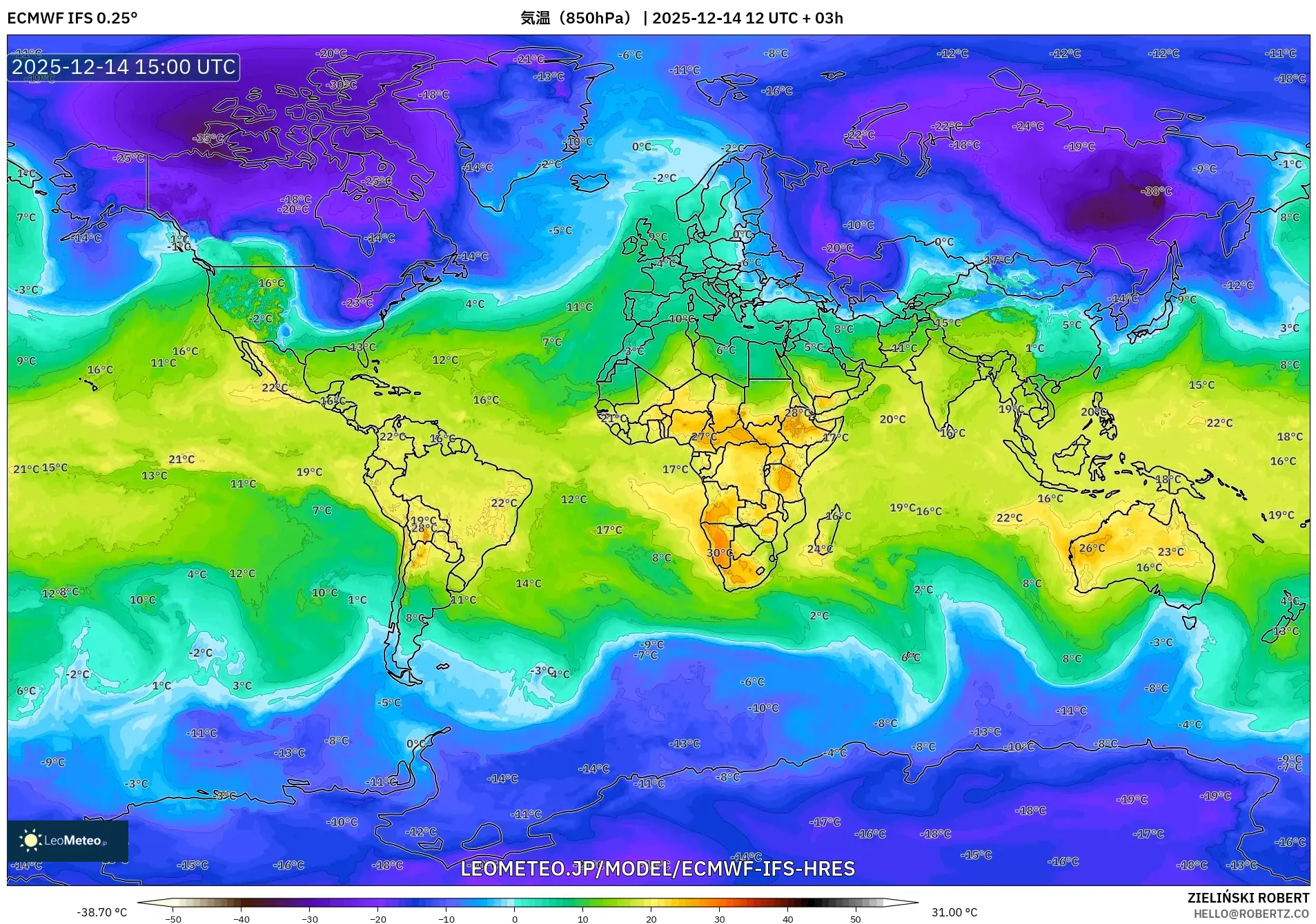 ECMWF IFS 0.25° model - 世界, 気温（850hPa）