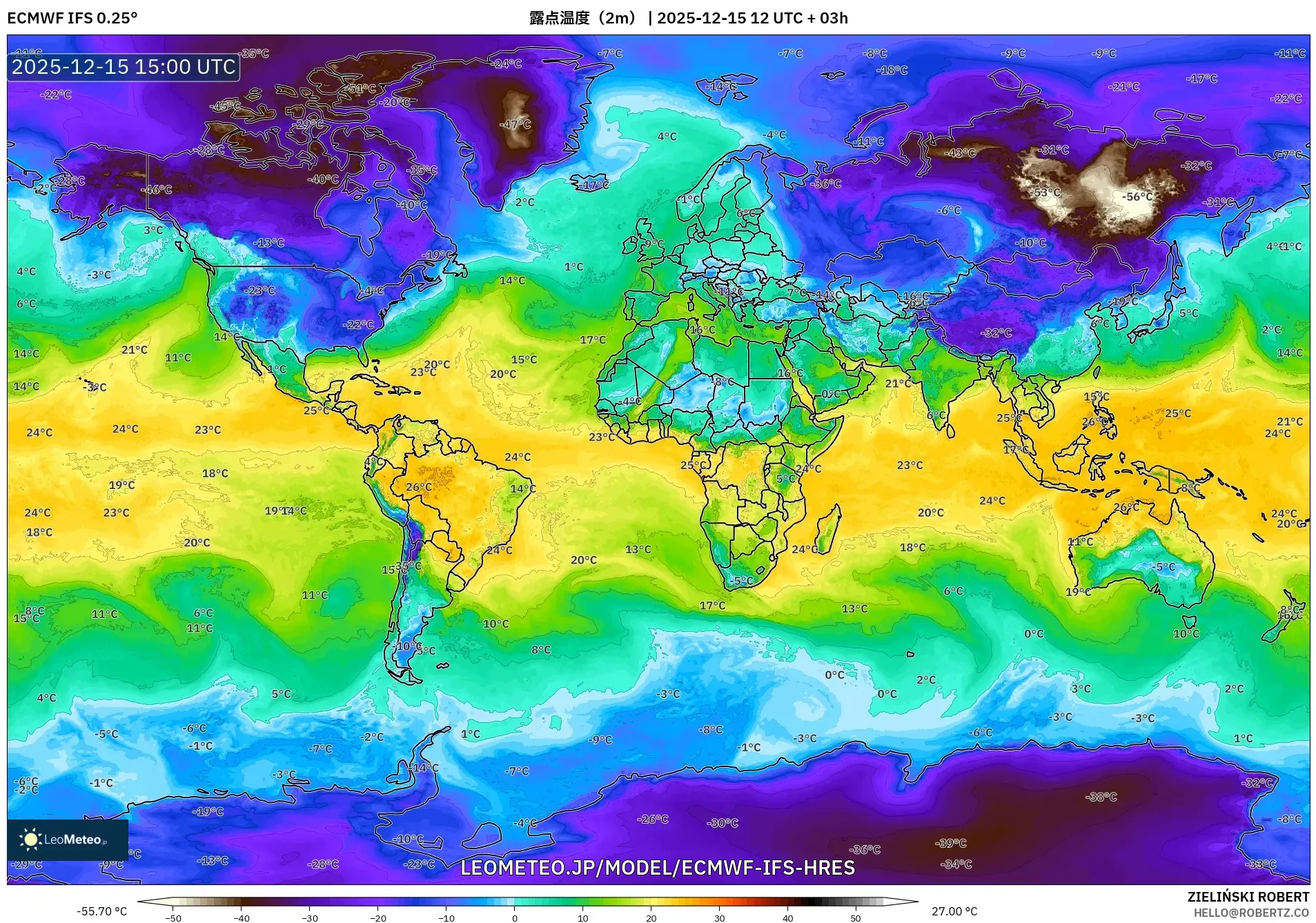 ECMWF IFS 0.25° model - 世界, 露点温度（2m）