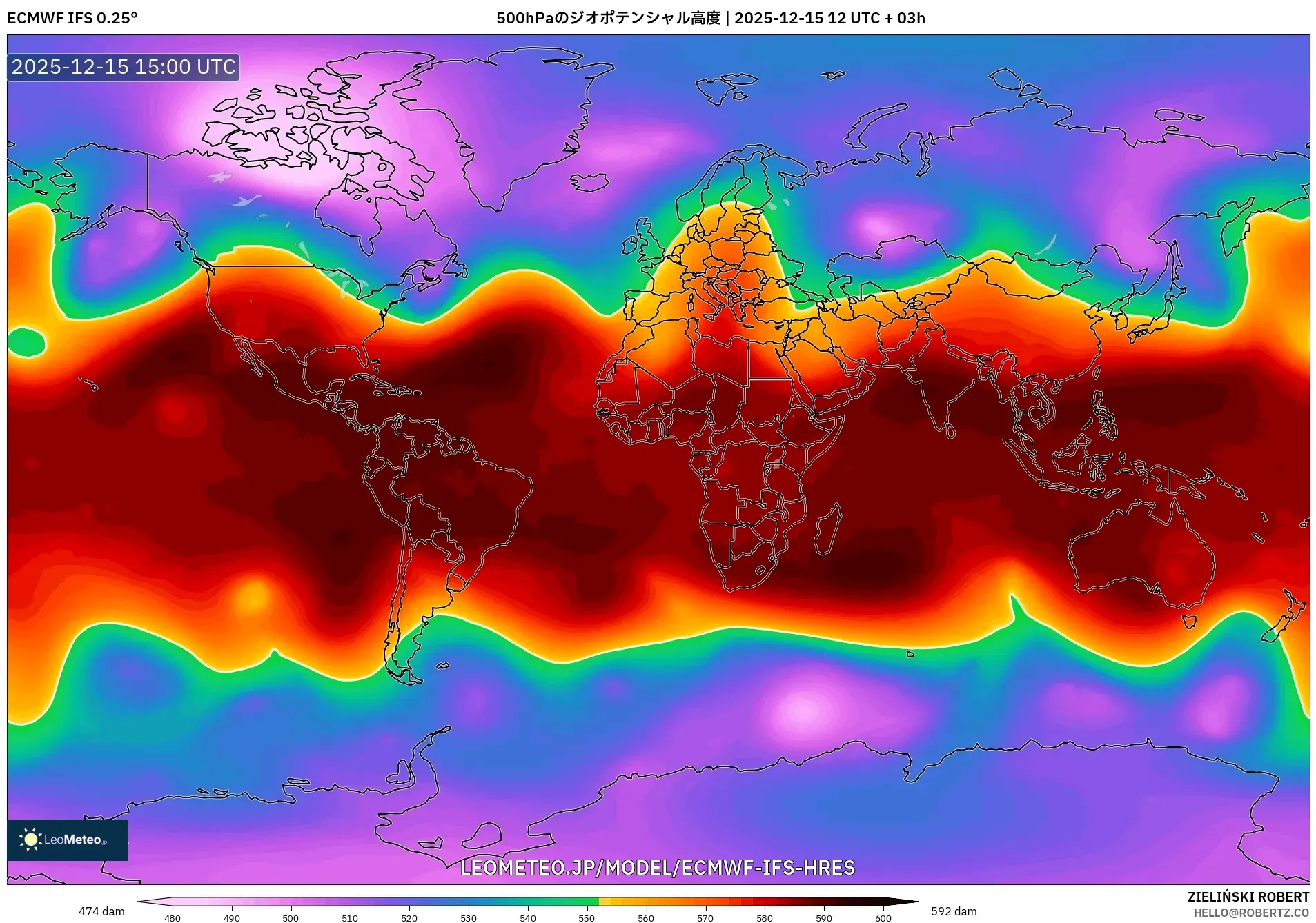 ECMWF IFS 0.25° model - 世界, 500hPaのジオポテンシャル高度
