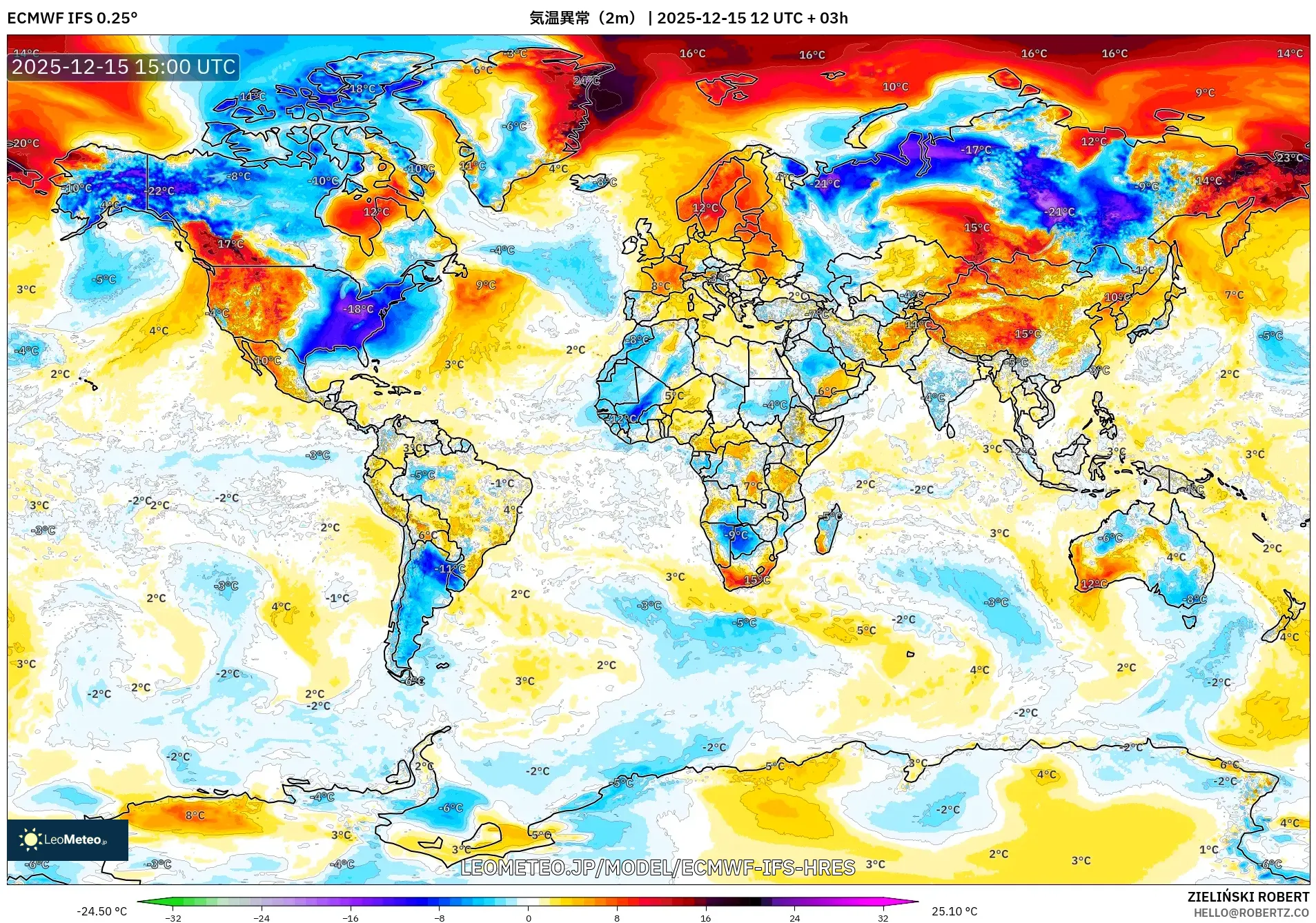 ECMWF IFS 0.25° model - 世界, 気温異常（2m）