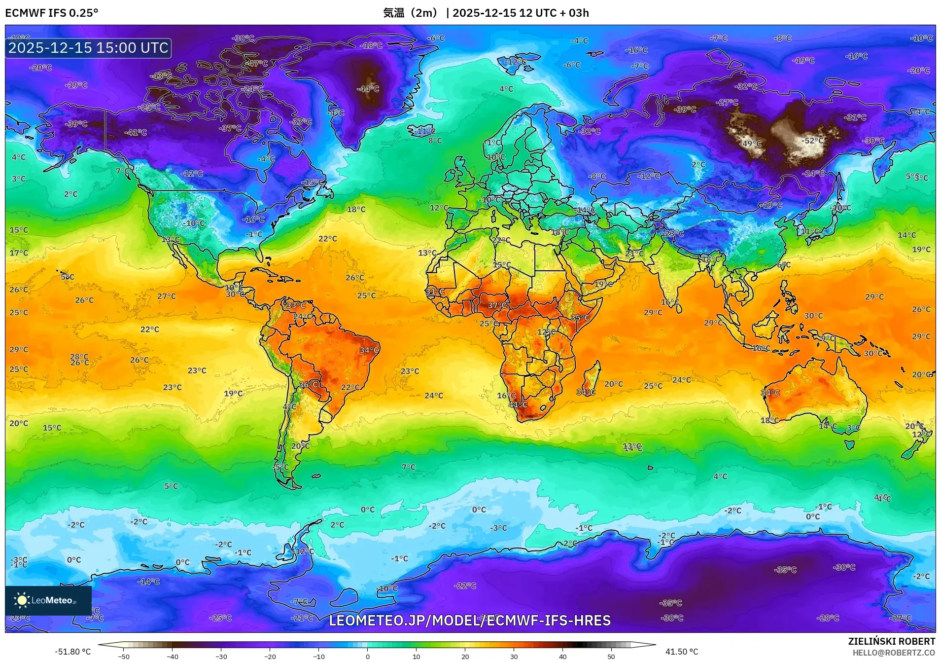 ECMWF IFS 0.25° model - 世界, 気温（2m）