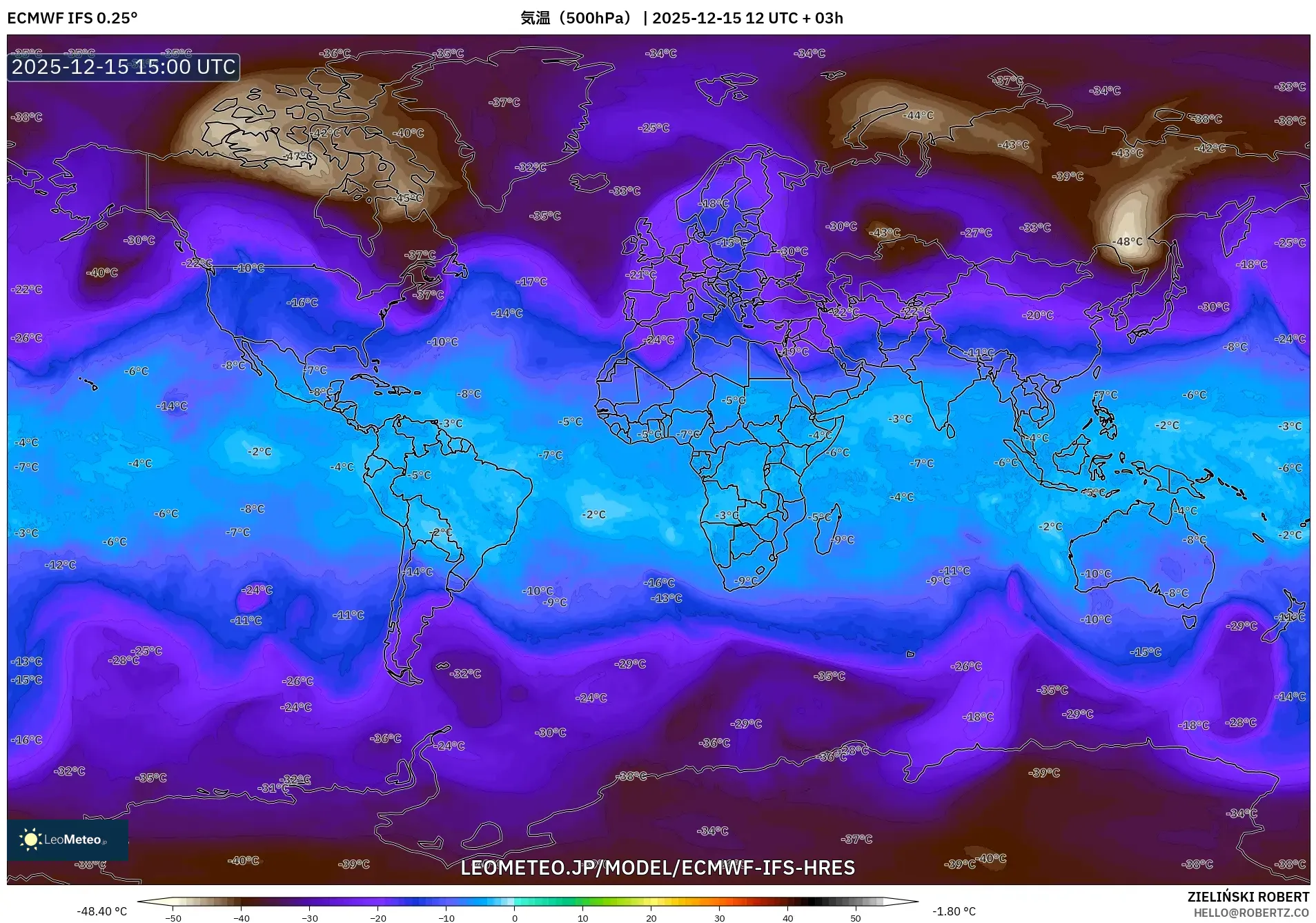 ECMWF IFS 0.25° model - 世界, 気温（500hPa）