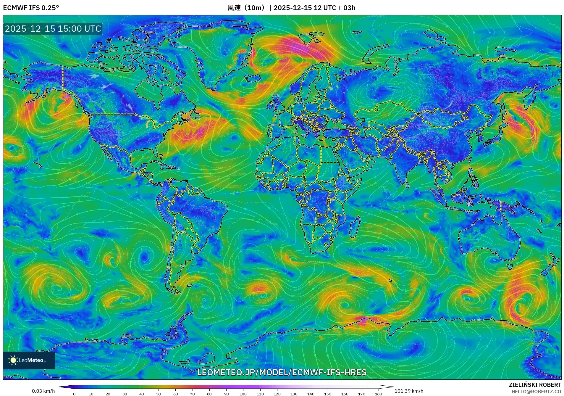 ECMWF IFS 0.25° model - 世界, 風速（10m）