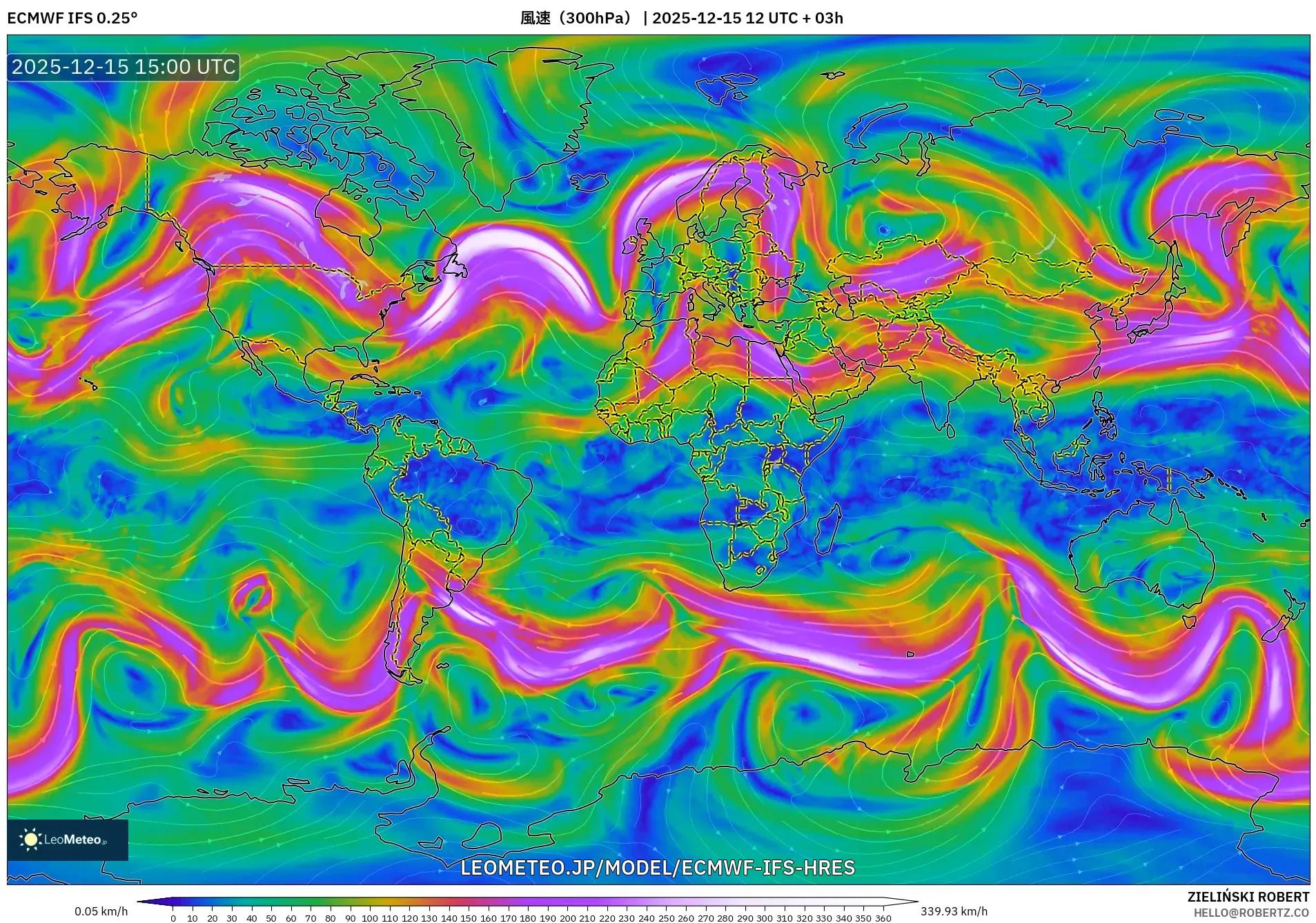 ECMWF IFS 0.25° model - 世界, 風速（300hPa）