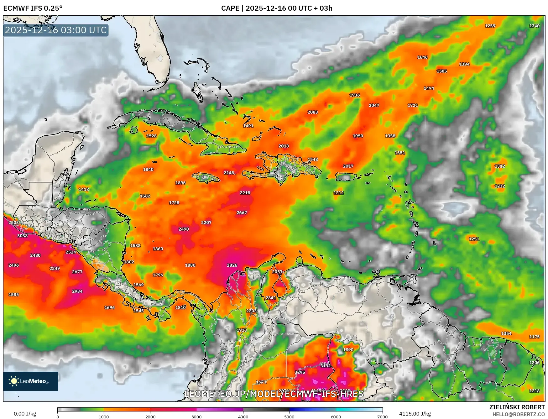 ECMWF IFS 0.25° model - カリブ海, CAPE