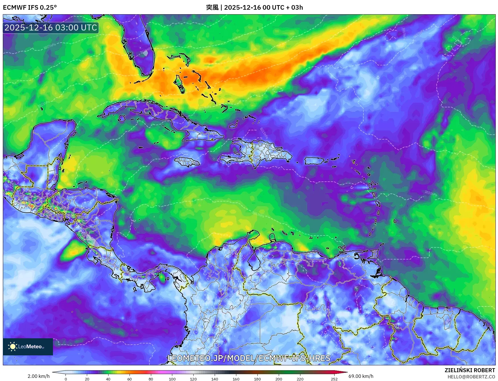 ECMWF IFS 0.25° model - カリブ海, 突風