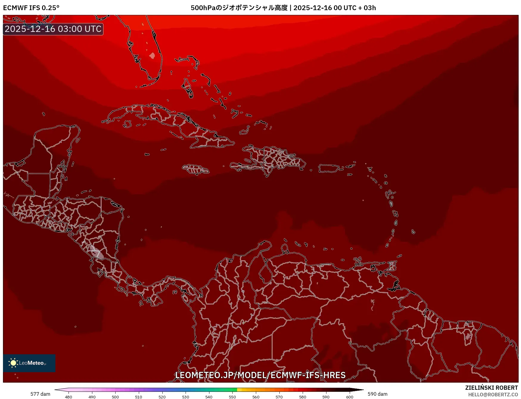 ECMWF IFS 0.25° model - カリブ海, 500hPaのジオポテンシャル高度
