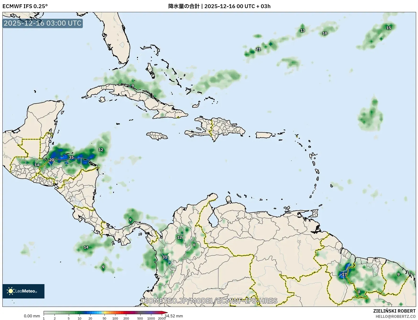 ECMWF IFS 0.25° model - カリブ海, 降水量の合計