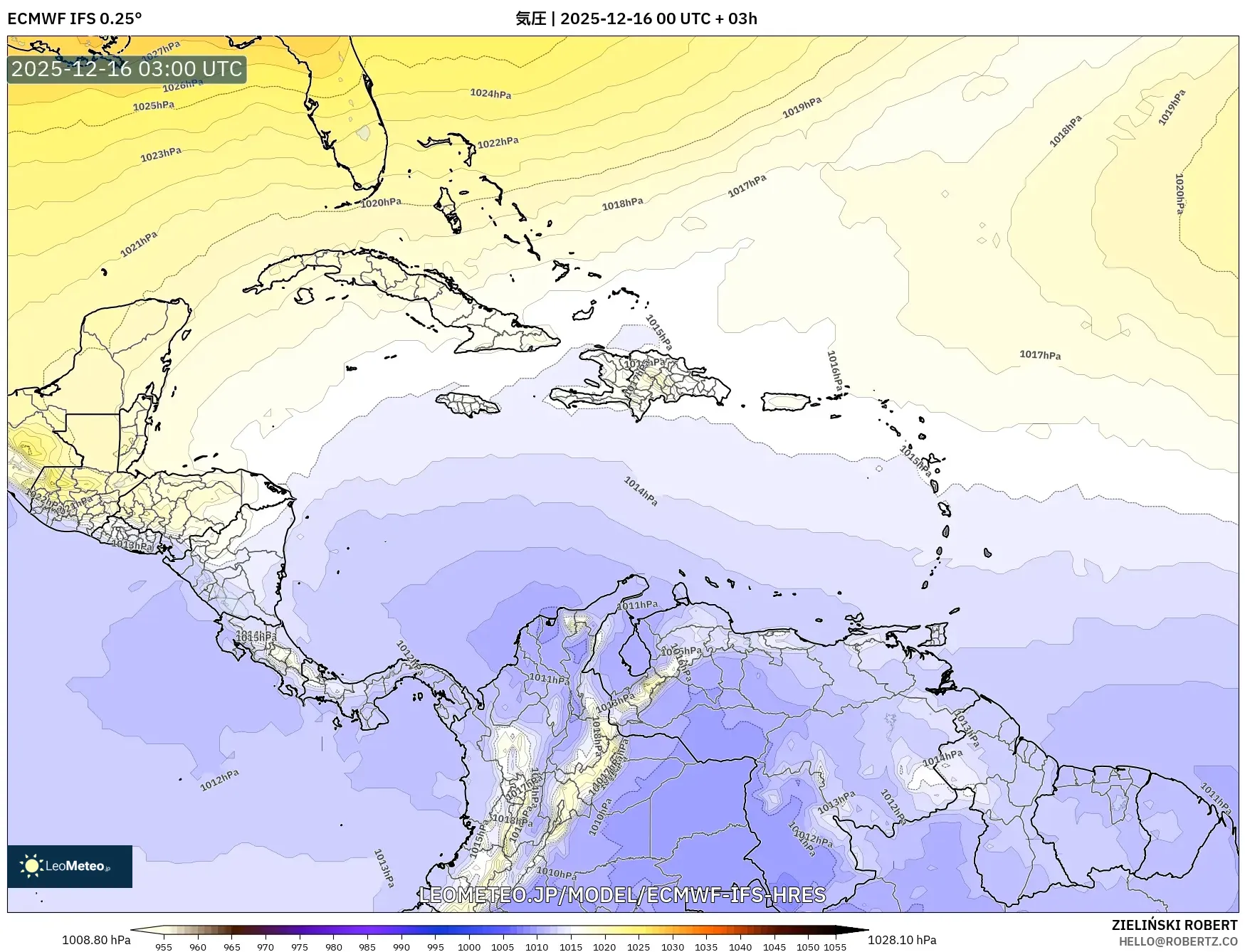 ECMWF IFS 0.25° model - カリブ海, 気圧