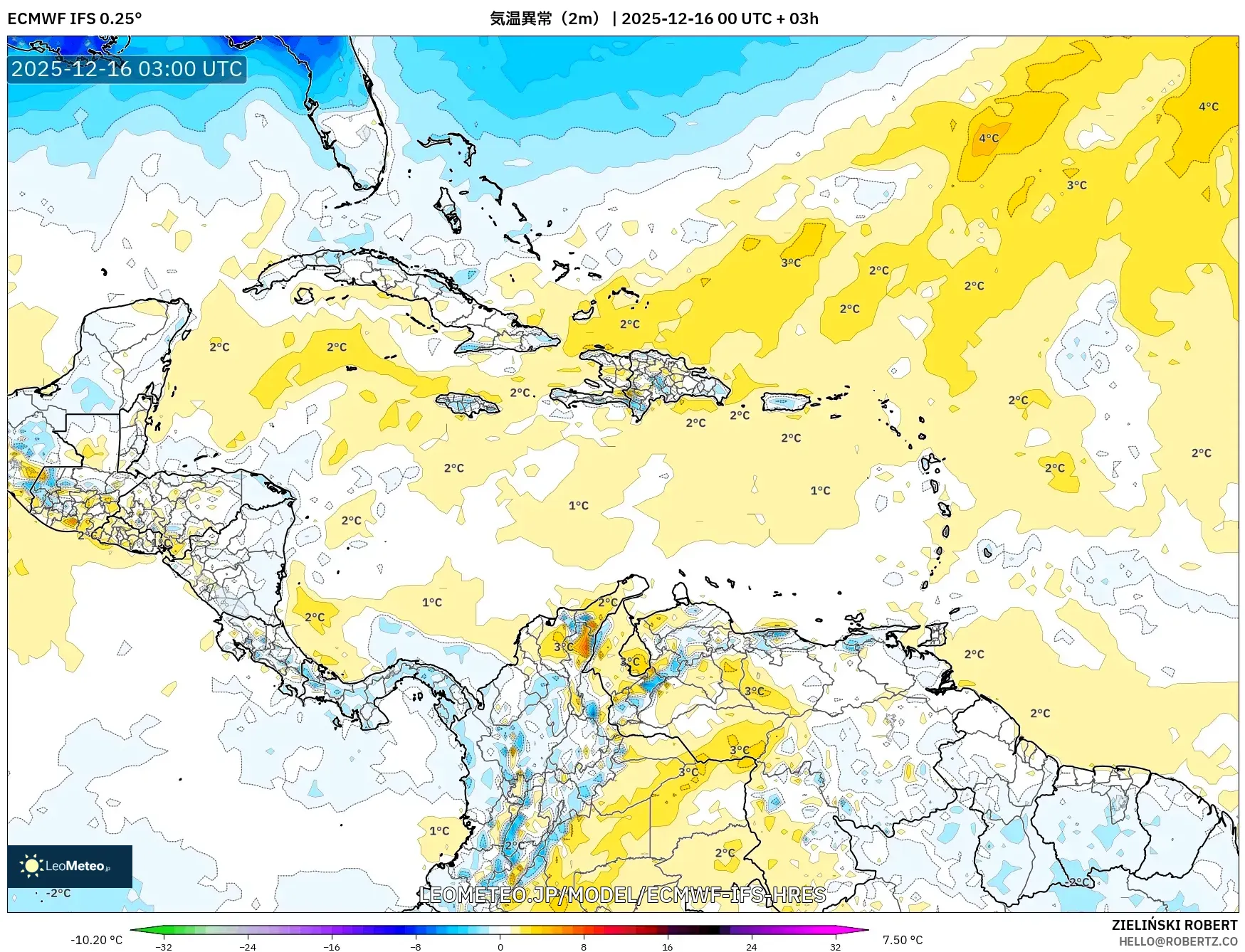 ECMWF IFS 0.25° model - カリブ海, 気温異常（2m）
