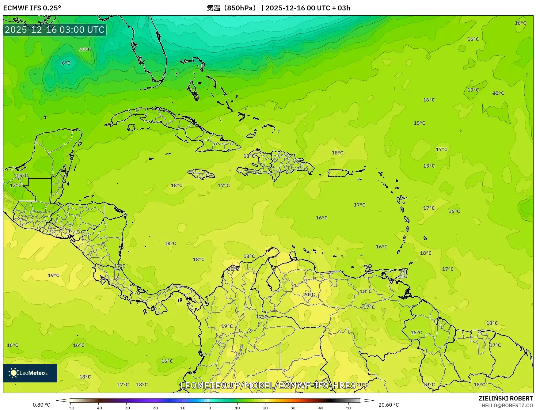 ECMWF IFS 0.25° model - カリブ海, 気温（850hPa）