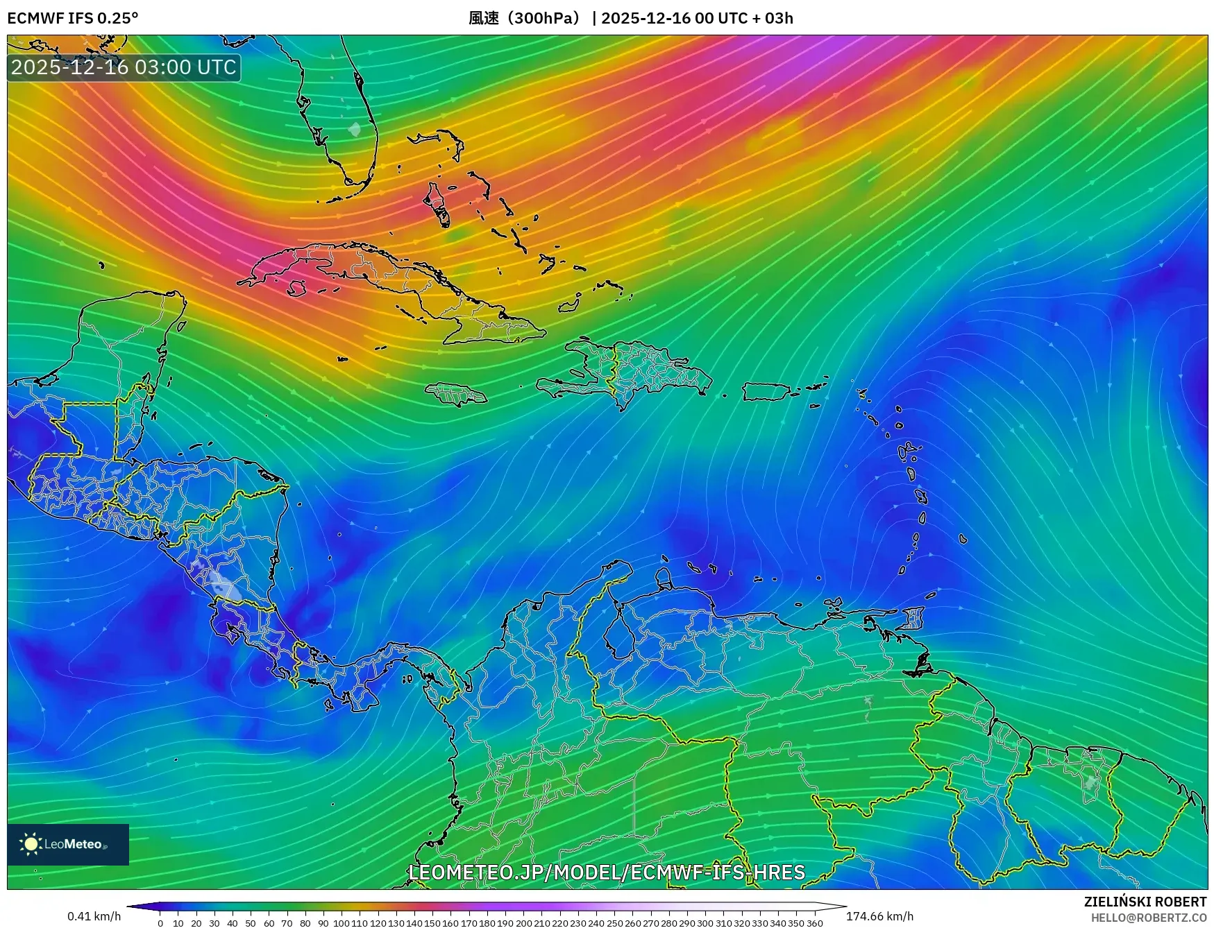 ECMWF IFS 0.25° model - カリブ海, 風速（300hPa）
