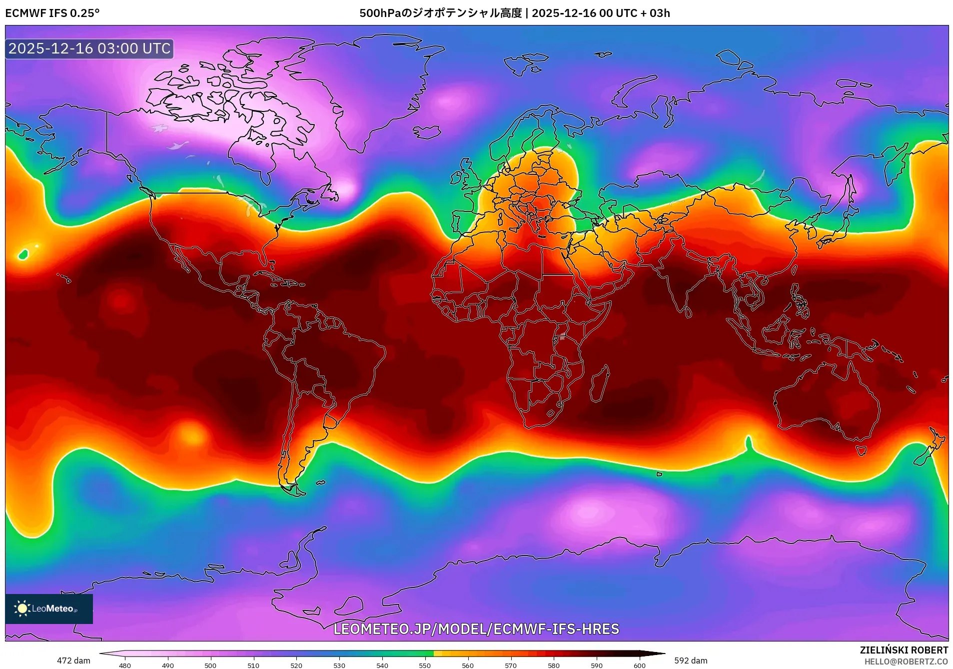 ECMWF IFS 0.25° model - 世界, 500hPaのジオポテンシャル高度