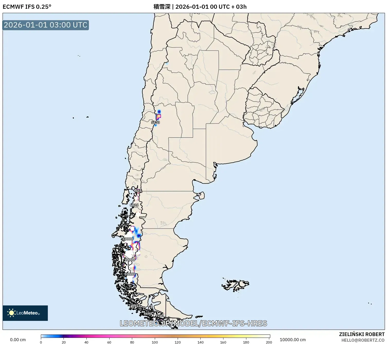 ECMWF IFS 0.25° model - アルゼンチン, 積雪深