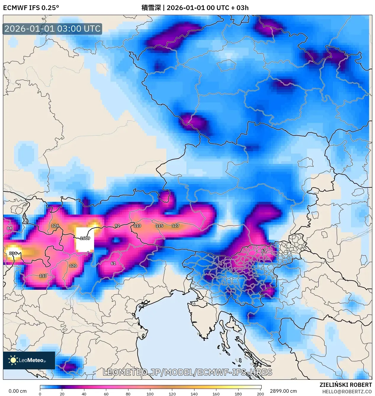 ECMWF IFS 0.25° model - オーストリア, 積雪深