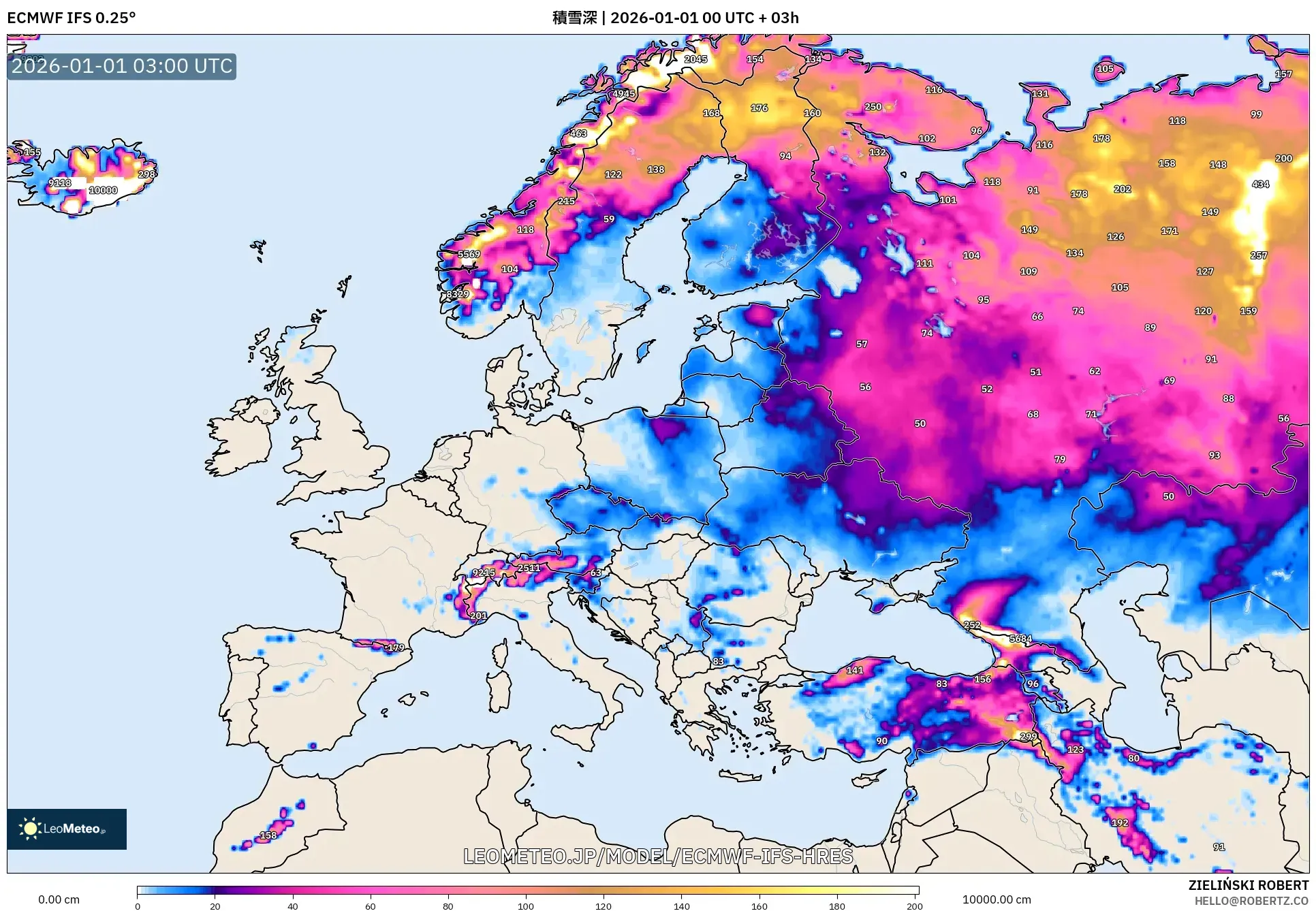 ECMWF IFS 0.25° model - ヨーロッパ, 積雪深