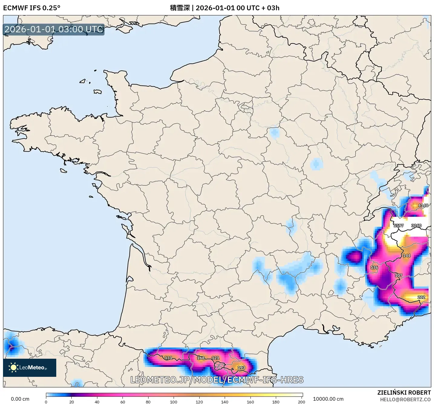 ECMWF IFS 0.25° model - フランス, 積雪深