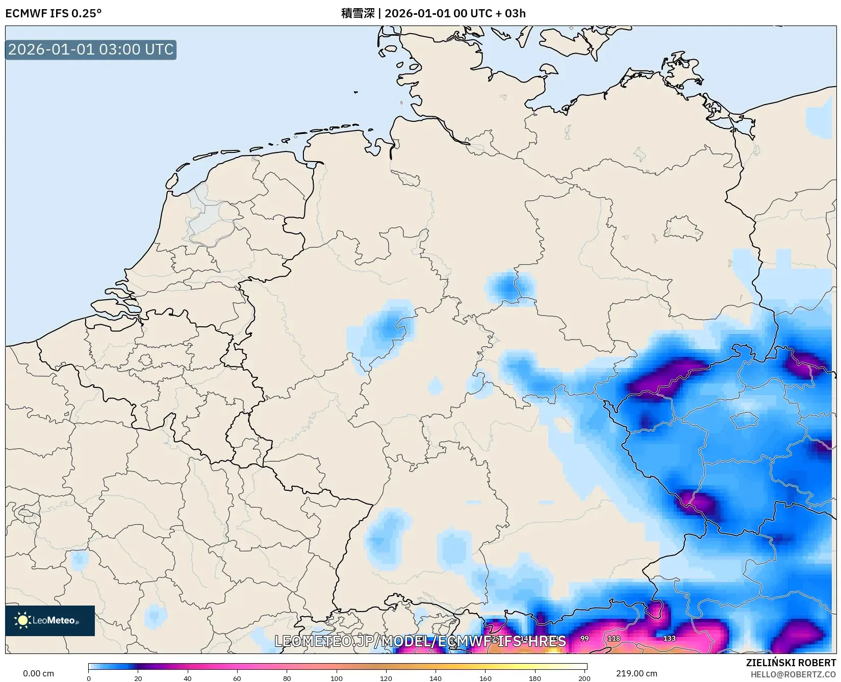 ECMWF IFS 0.25° model - ドイツ, 積雪深