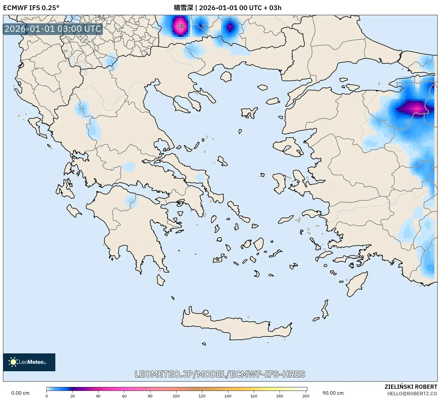 ECMWF IFS 0.25° model - ギリシャ, 積雪深