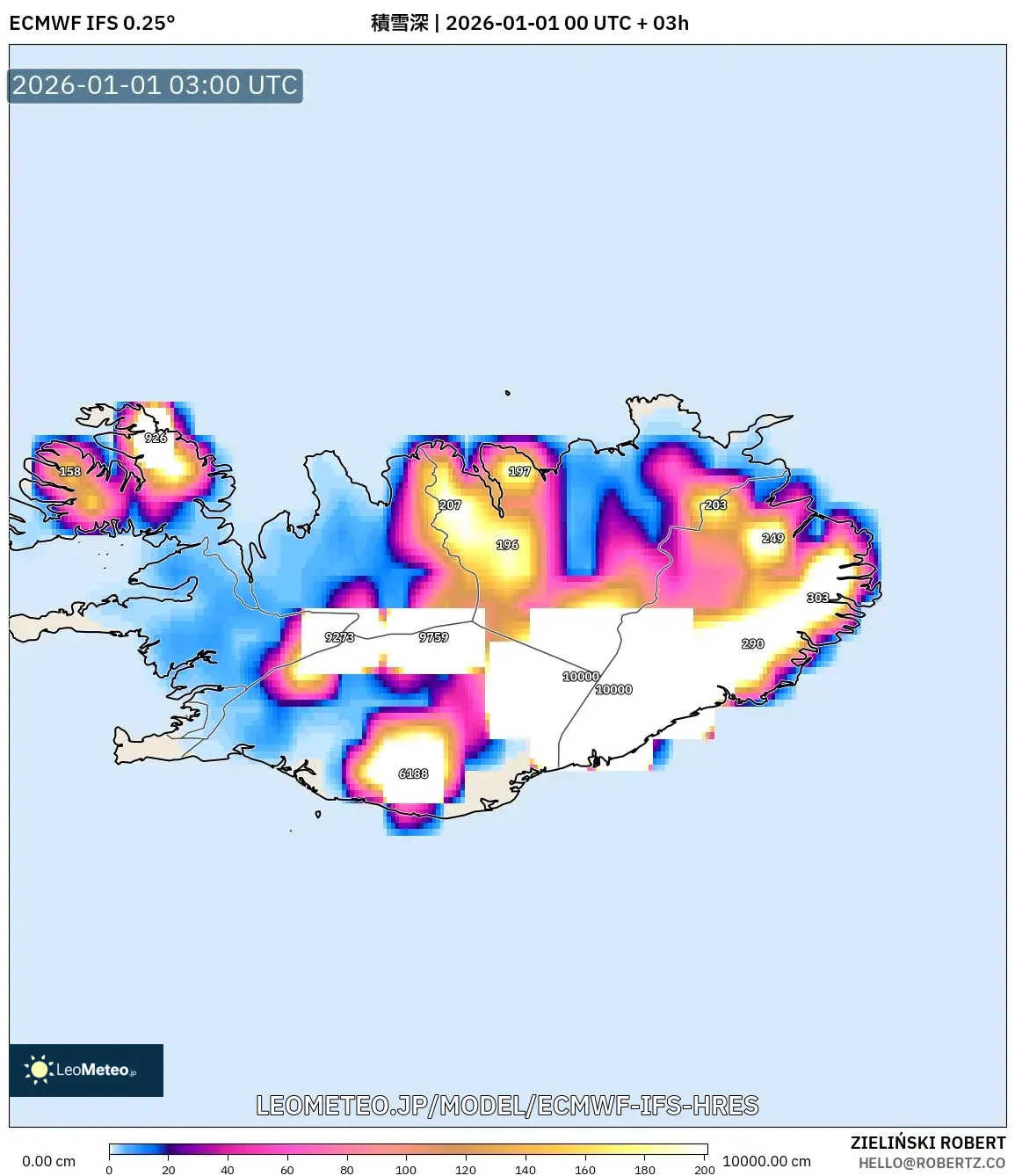 ECMWF IFS 0.25° model - アイスランド, 積雪深