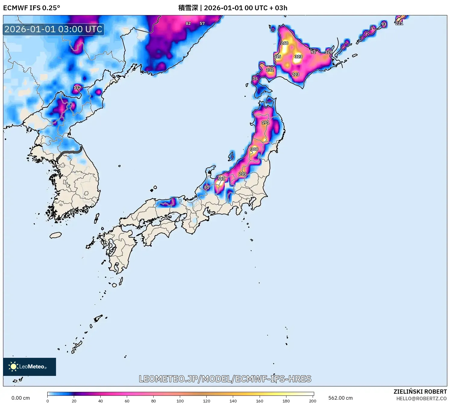 ECMWF IFS 0.25° model - 日本, 積雪深