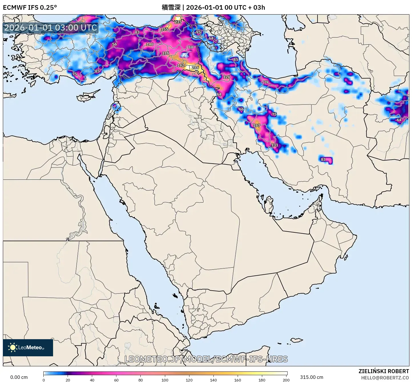ECMWF IFS 0.25° model - 中東, 積雪深