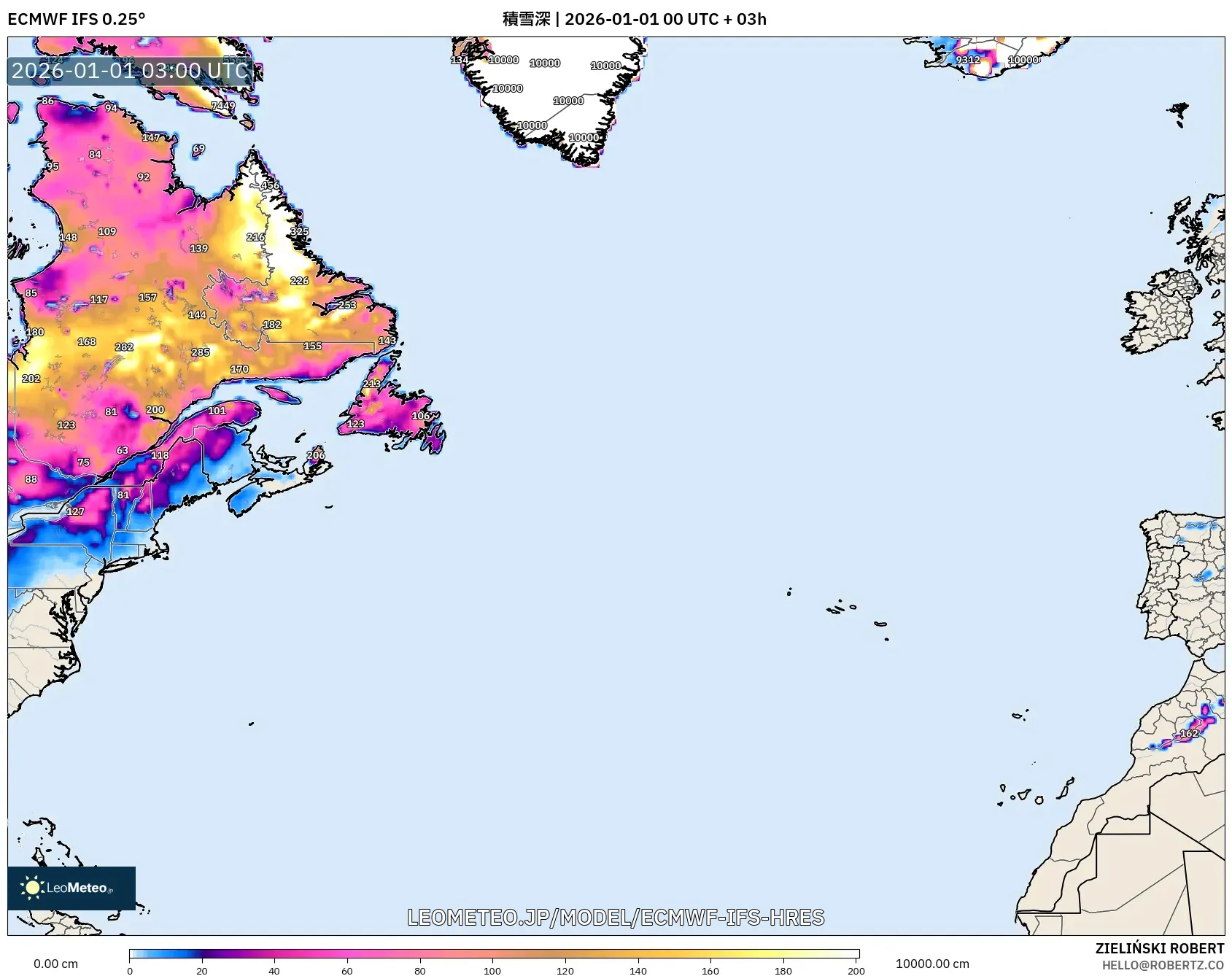 ECMWF IFS 0.25° model - 北大西洋, 積雪深