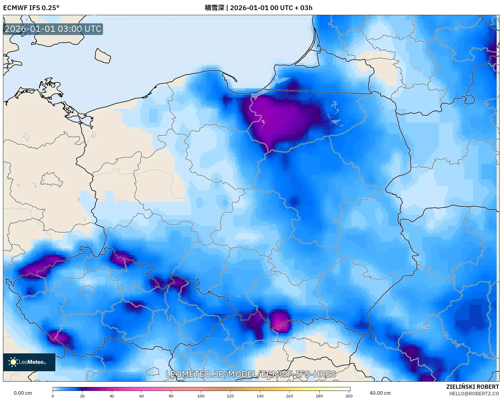 ECMWF IFS 0.25° model - ポーランド, 積雪深