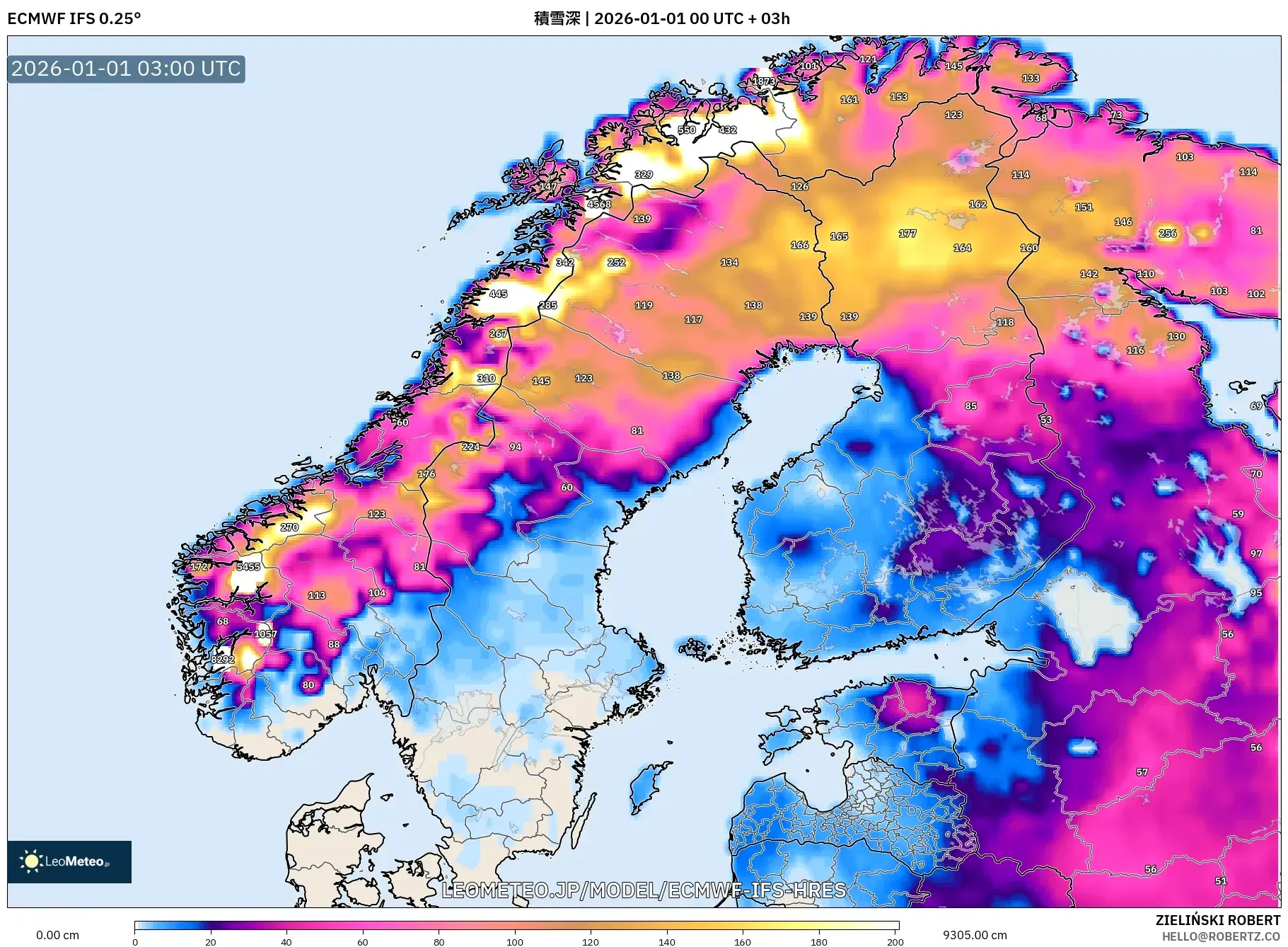 ECMWF IFS 0.25° model - スカンジナビア, 積雪深