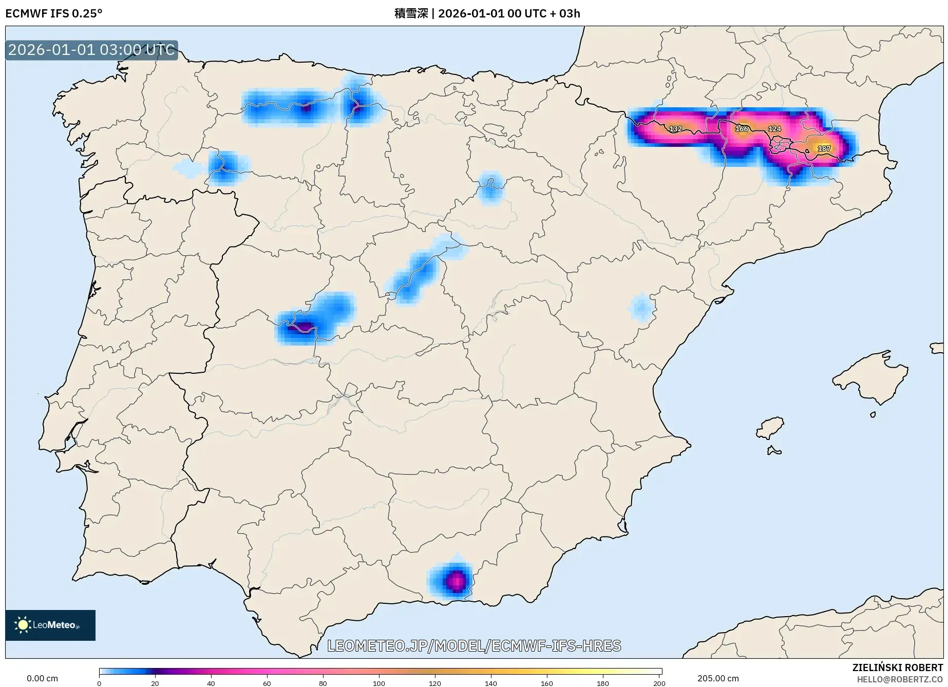 ECMWF IFS 0.25° model - スペイン, 積雪深